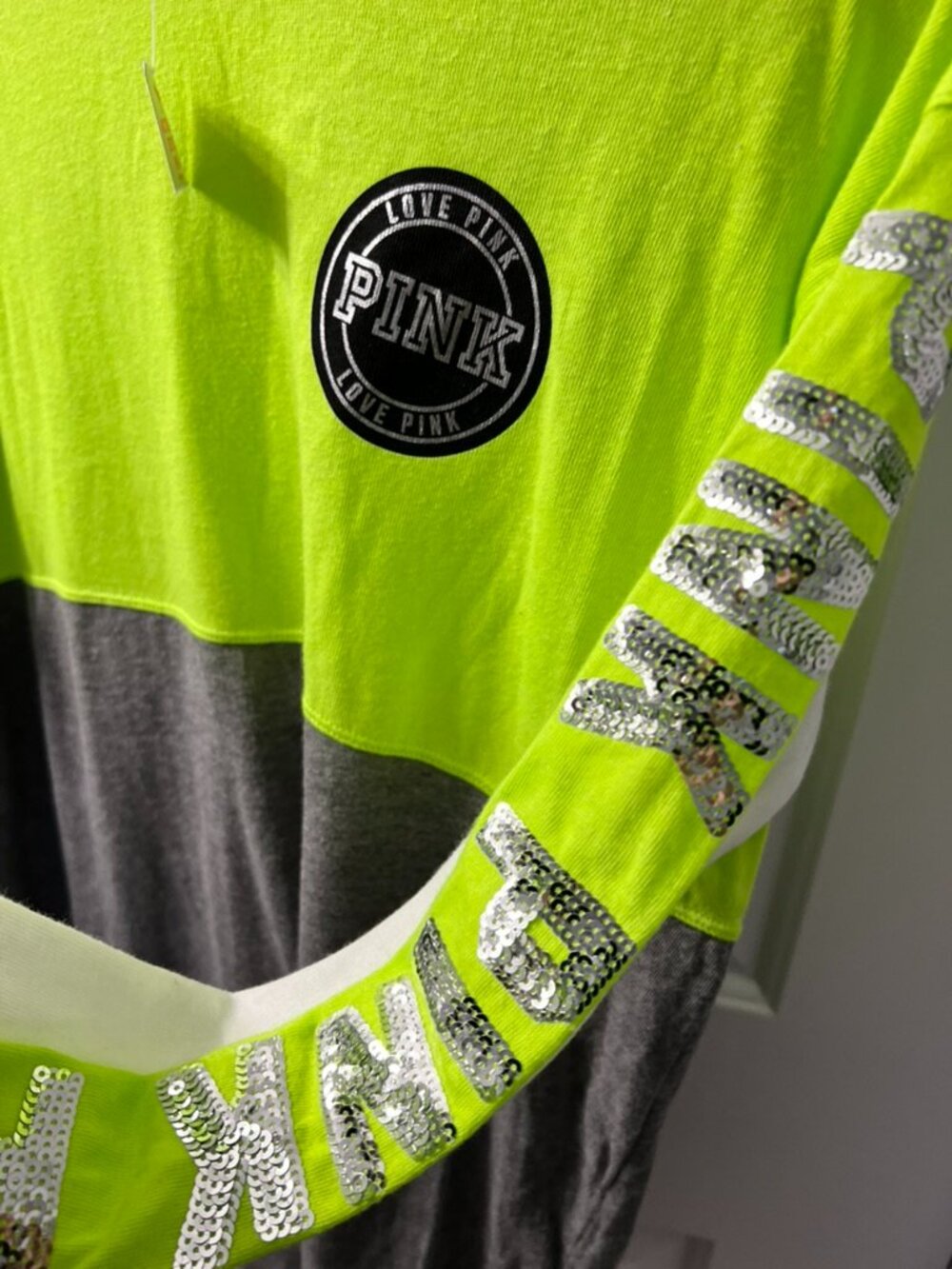 PINK Victoria's Secret Bling Campus Long Sleeve Tee XS Neon Yellow - Picture 4 of 7